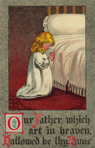 Barn vid sänggåendet reciterar Herrens bön (färg litho) av English School