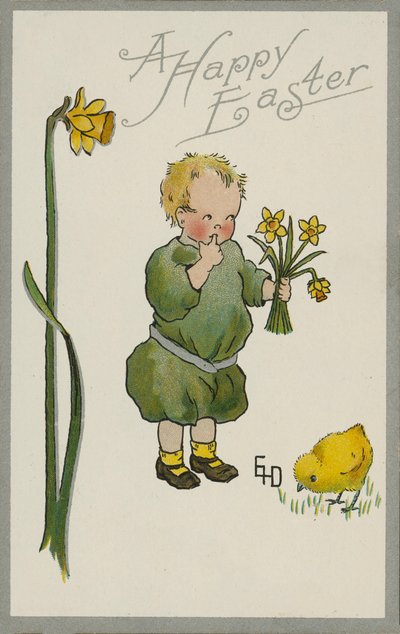 Barn plockar påskliljor (färglitografi) av English School