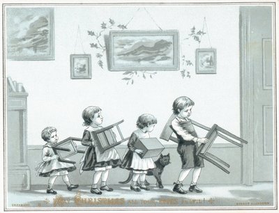 Barn som bär stol och pallar, julkort av English School