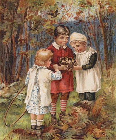 Barn som hittar ett fågelbo (kromolitho) av English School