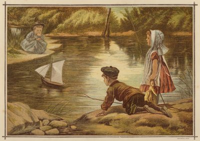 Barn som sjösätter en modellyacht (färg litho) av English School