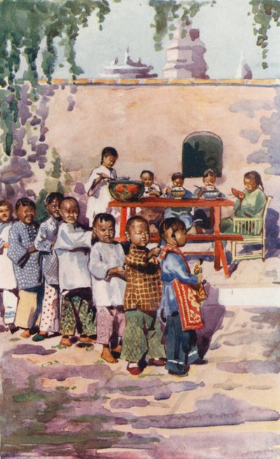 Barn i Kina: Barn vid matbordet och på lekplatsen (färglitografi) av English School