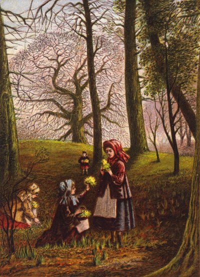 Barn plockar blommor i skogen (färglitografi) av English School