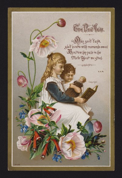 Barn som läser en bok, nyårskort, sent 1800-tal eller tidigt 1900-tal (chromolitho) av English School