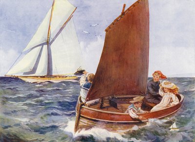 Barn som seglar och tittar på en passerande yacht (färg litho) av English School