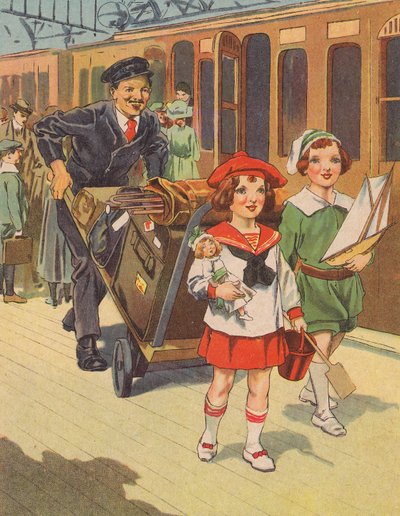 Barn som reser med tåg för semestern (färg litho) av English School