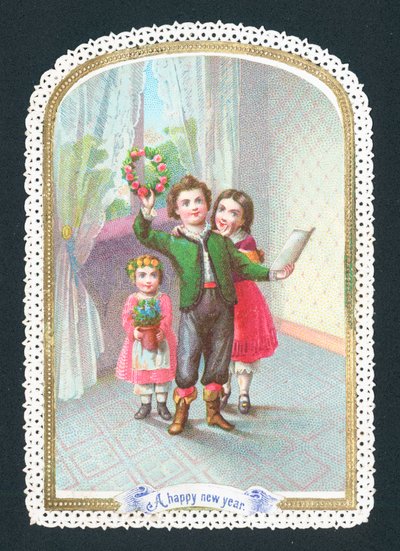 Barn med krans och blommor, nyårskort av English School