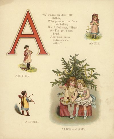 Barnens namn: Annie, Arthur, Alfred, Alice, Amy (färg litho) av English School