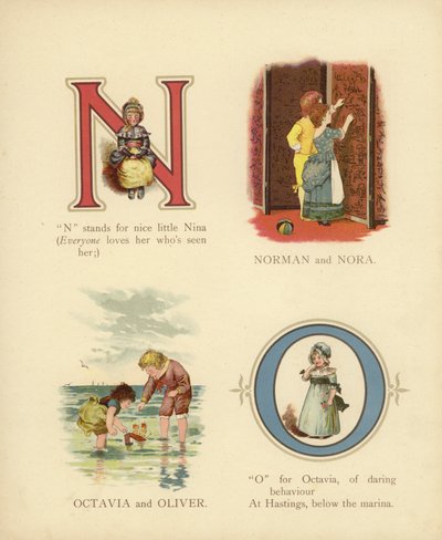 Barnens namn: Norman, Nora, Octavia, Oliver (färg litho) av English School