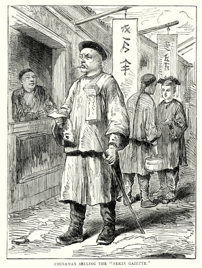 Kinaman säljer "Pekin Gazette" (gravyr) av English School