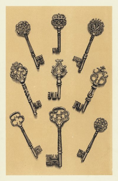 Mejslade stålnycklar från sextonde och sjuttonde århundradena (chromolitho) av English School