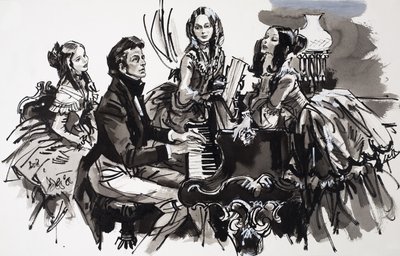 Chopin med kvinnliga beundrare (gouache på papper) av English School
