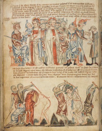 Kristus inför Herodes och inför Pilatus; Herodes tvättar sina händer; Kristi flagellation, Add. 47682, f.30v, c.1320-30 (vellum) av English School