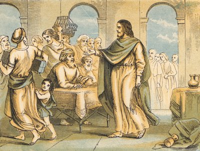 Kristus renar templet (färgad gravyr) av English School