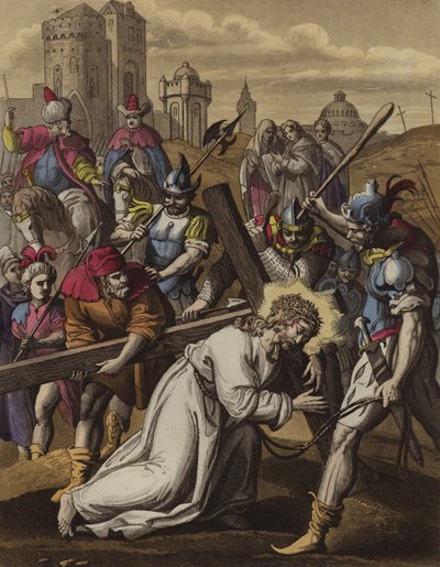 Kristus svimmar under korset (färg litho) av English School
