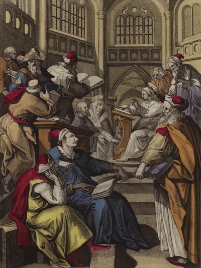 Kristus ifrågasätter läkarna (färg litho) av English School