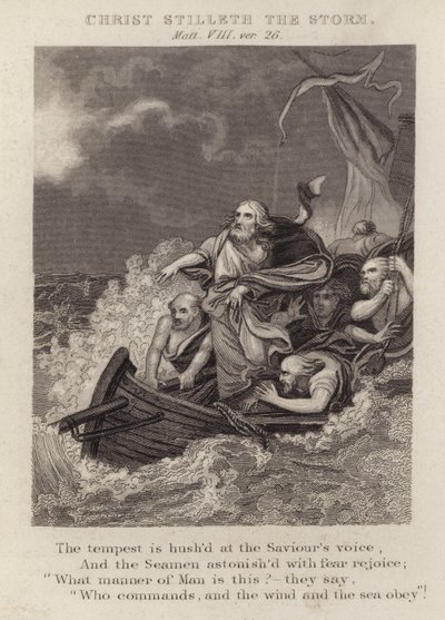 Kristus stillar stormen, Matteus VIII, ver 26 (gravyr) av English School