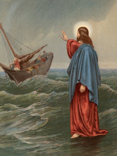 Kristus går på havet, St John, VI, 20 (färg litho) av English School