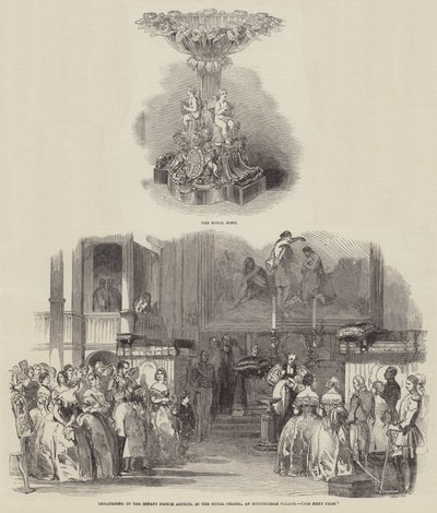 Dop av spädbarnet Prince Arthur, i det kungliga kapellet, på Buckingham Palace (gravyr) av English School