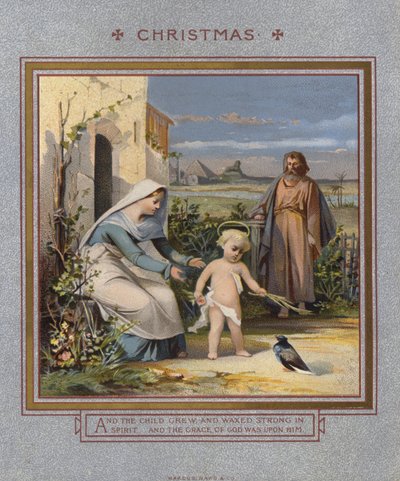 Julkort: Jesus leker med en duva, övervakad av sina föräldrar (chromolitho) av English School