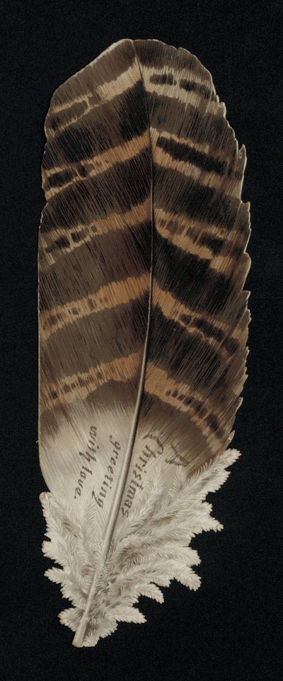 Julkort i form av en fjäder, gratulationskort. (chromolitho) av English School