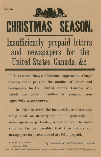 Julportomeddelande på befallning av generalpostmästaren den 9 december 1890 av English School