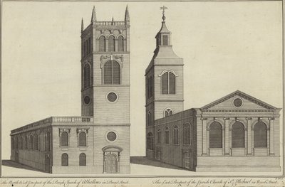Church of Allhallows i Bread Street och Church of St Michael i Wood Street, London av English School