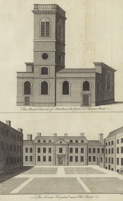 Church of Allhallows the Great, Thames Street och French Hospital nära Old Street, London av English School