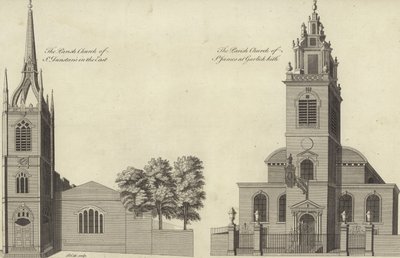 Church of St Dunstan i öst och Church of St James Garlickhythe, London av English School