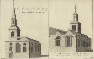 Church of St Mary Abchurch, Abchurch Lane och Church of St Martin Outwich i Threadneedle Street, London av English School