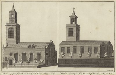 Church of St Mary, Aldermanbury och Church of Allhallows på London Wall, London av English School