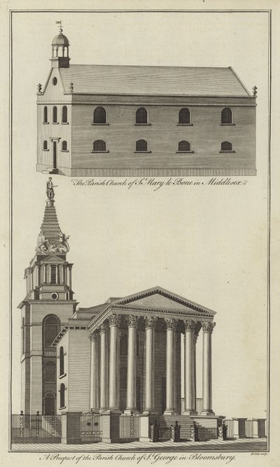 Church of St Marylebone i Middlesex och Church of St George i Bloomsbury, London av English School