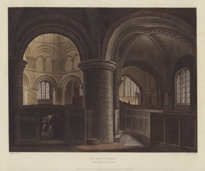 Church of the Holy Sepulcher (Rundkyrkan), Cambridge (färgad gravyr) av English School