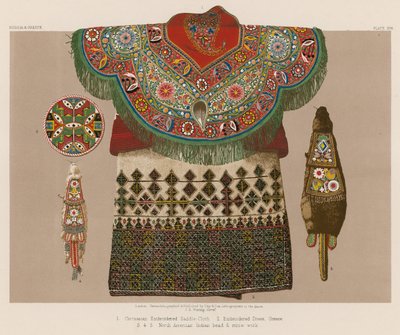 Circassian broderad sadelduk; Broderad klänning, Grekland; North American Indian pärl- och halmarbete av English School