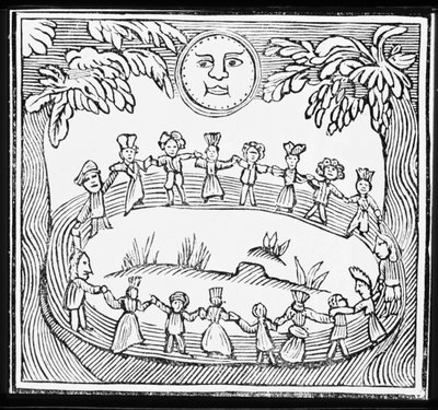 Circle of Witches Dancing Beneath a Full Moon, illustration från en samling kapböcker om esoterica av English School