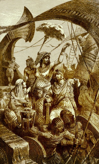 Cleopatra vid slaget vid Actium, illustration från The Illustrated History of the World, publicerad c.1880 (digitalt förbättrad bild) Cleopatra VII (69-30 f.Kr.), sista farao i det antika Egypten; Strid o av English School