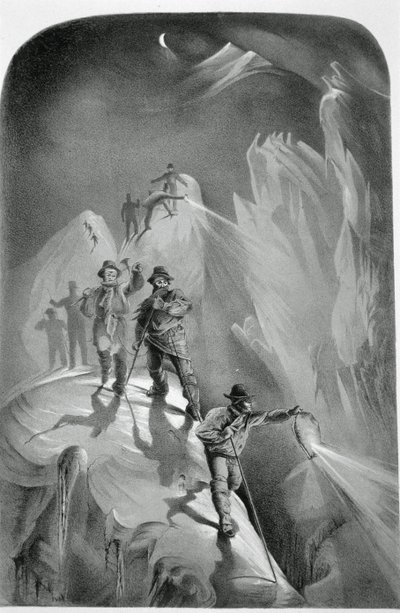 Klättring på natten, från tio scener i Mont Blancs sista bestigning inklusive fem vyer från toppen, av J.D.H. Browne, publicerad 1853 av English School