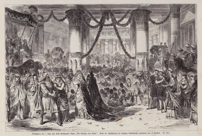 Avslutningsscen av akt I av Karl Goldmarks opera Die Konigin von Saba (Drottningen av Saba), framförd på Leipziger Stadttheater, Tyskland (gravyr) av English School