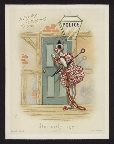 Clown knackar på dörren till en polisstation (chromolitho) av English School