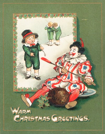 Clown som stjäl plommonpuddingen, julkort av English School