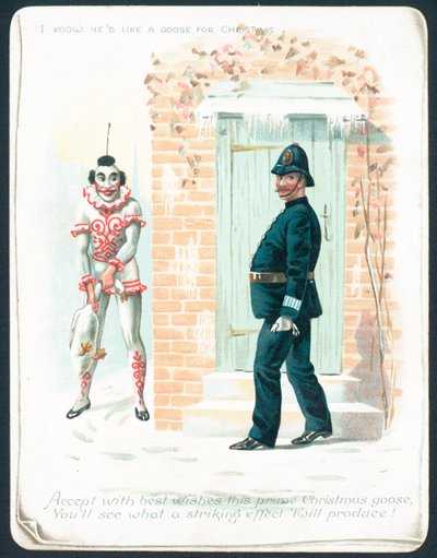 Clown som väntar på polis med gås, julkort av English School