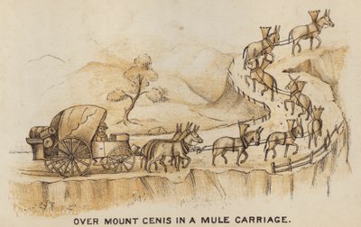Coacher och coachning: Över Mount Cenis i en mulevagn (litografi) av English School