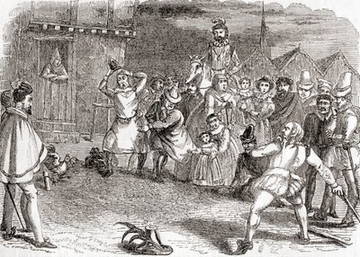 Cock throwing, även kallat cock-shying eller kasta på tuppar, från Gamla England: Ett bildmuseum, pub. 1847 av English School