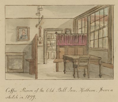 Kafferum på Old Bell Inn, Holborn, London, från en skiss 1899 (wc på papper) av English School