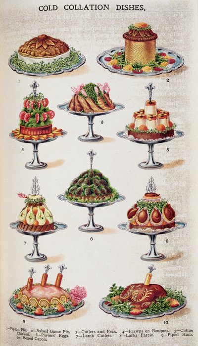 Cold Collation Dishes, från "Beetons bok om hushållsförvaltning" vol.1; redigerad av fru Isabella Beeton av English School
