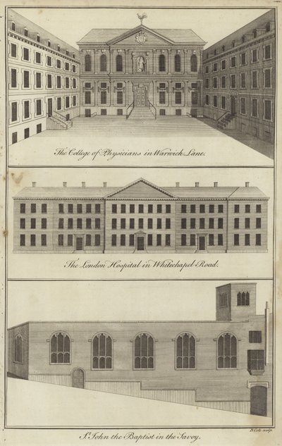College of Physicians i Warwick Lane, London Hospital i Whitechapel Road och Church of St John the Baptist i Savoy, London av English School