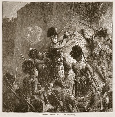 Överste Maitland i Bhurtpore, illustration från Cassells Illustrated History of India av James Grant, pub. 1879 av English School