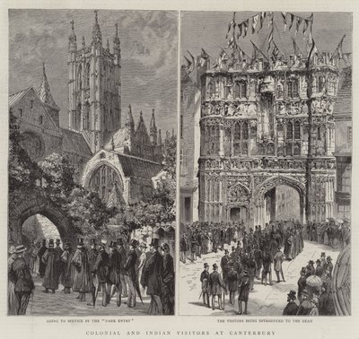 Koloniala och indiska besökare vid Canterbury (gravyr) av English School