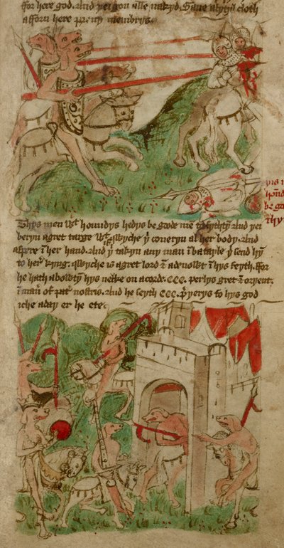 Färgade teckningar som visar de hundhövdade människorna ("Cynocephalus") på ön Nacumera, från "Travels of Sir John Mandeville" (pergament) av English School