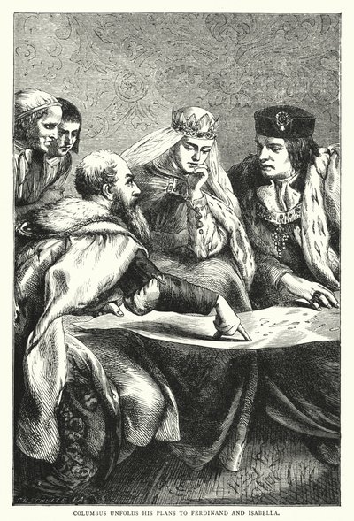 Columbus visar upp sina planer för Ferdinand och Isabella (färgad gravyr) av English School